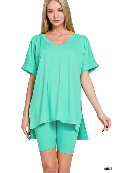Mint V-Neck Biker Short Set