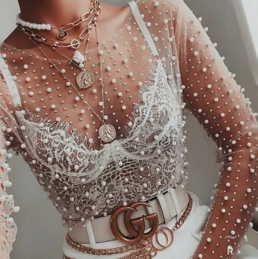 Pearl Rhinestone Mesh Layering Top