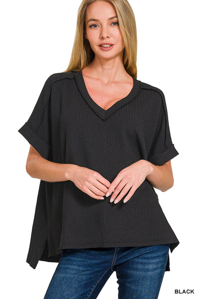 Black Corded Rib Hi-Low V-Neck Top