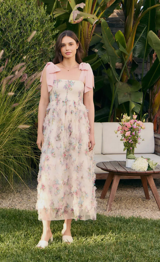 Dusty Rose Shoulder Tie Smocked Midi Dress