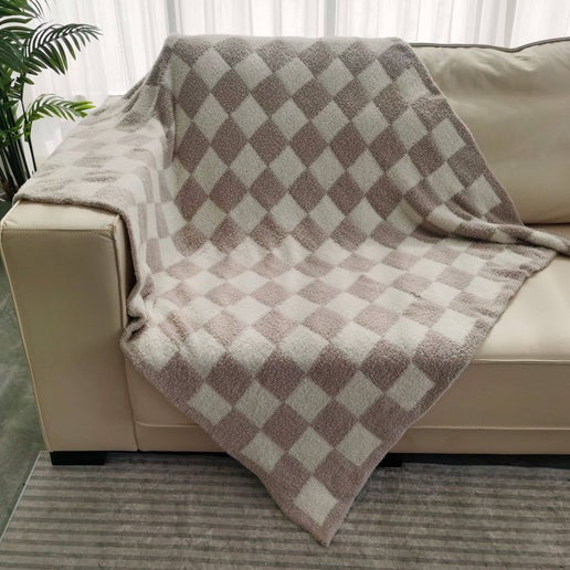 Beige & White Checkered Throw Blanket