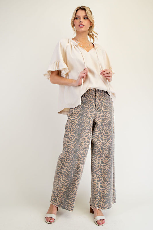 Animal Print Washed Wide Leg Pant
