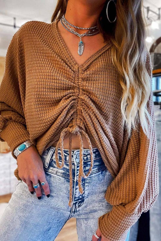 Rust V-Neck Drawstring Dolman