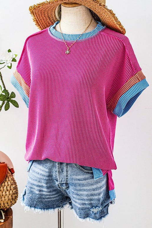 Pink Color Block Ribbed Top