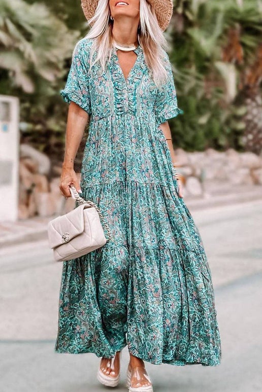 Blue Paisley Boho Tiered Maxi