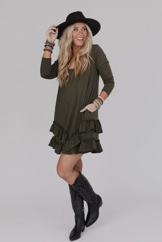 Olive Long Sleeve Ruffle Hem Dress
