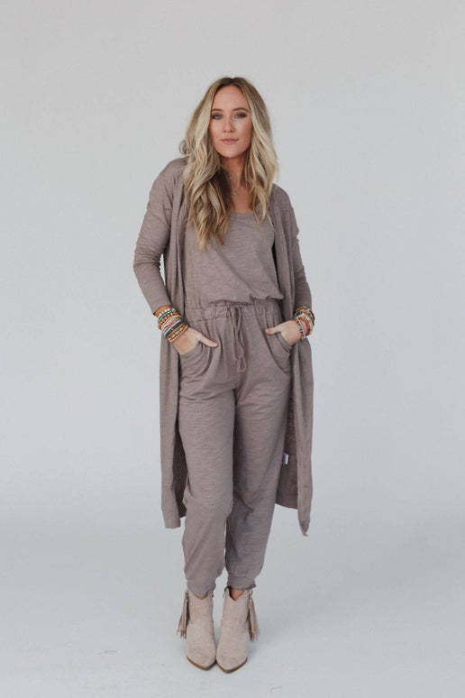 Greige Jumpsuit & Long Cardigan Set