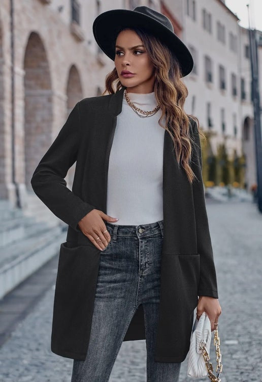 Black Long Open Front Blazer