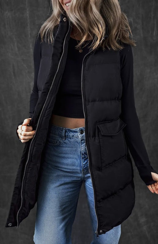 Black Long Zipper Puffer Vest