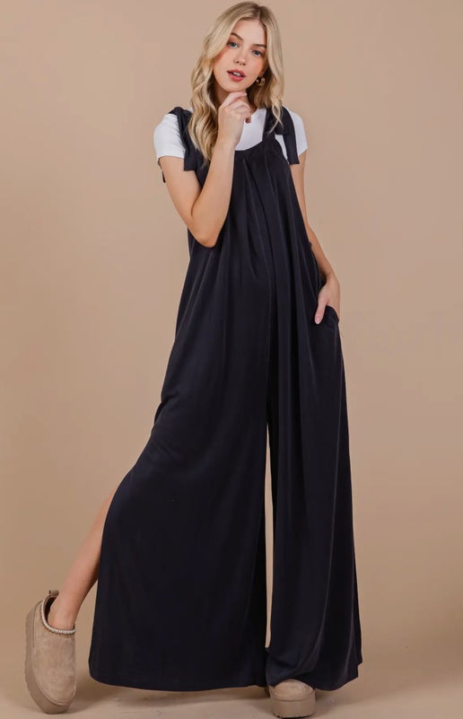 Black Modal Extra Wide Tie Sleeveless Overalls