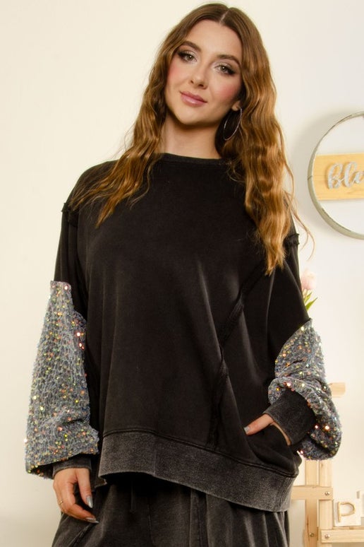 Black Sequin Sleeve Sweatshirt
