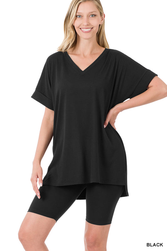 Black V-Neck Biker Short Set