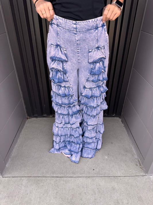 Tiered Denim Ruffle Bell Bottom