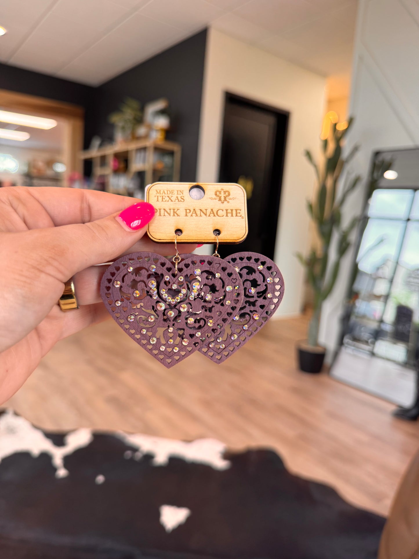 purple rhinestone heart earrings