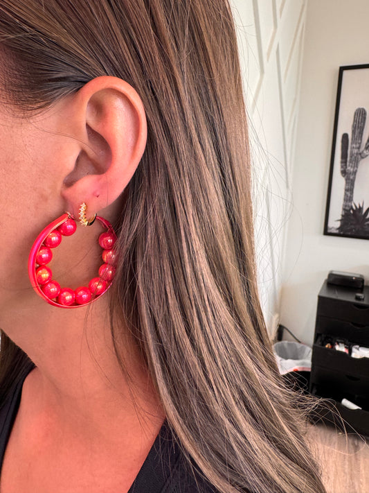 Bold Beaded Hoops (Red)