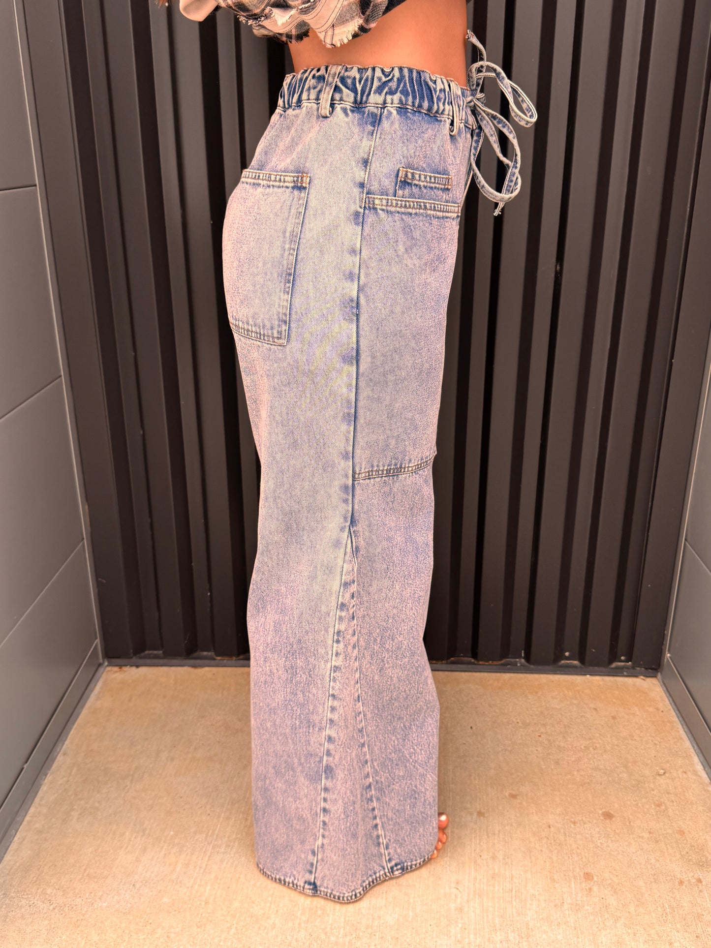 Wide leg drawstring denim jeans