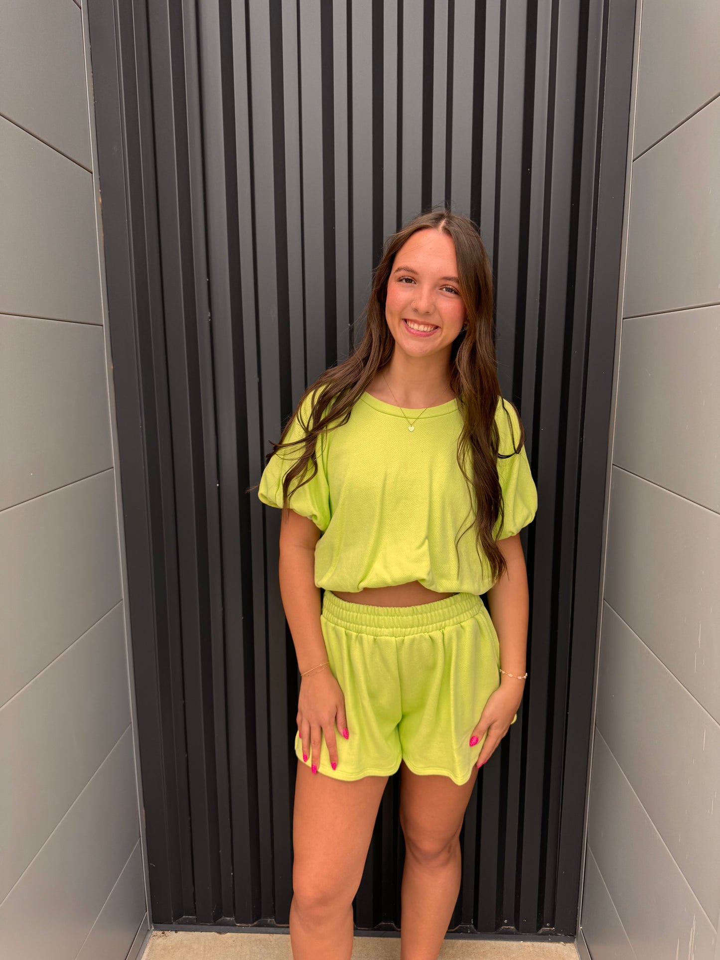 Bubble Hem & Sleeve Cropped Short Set (Neon Green & Pink)