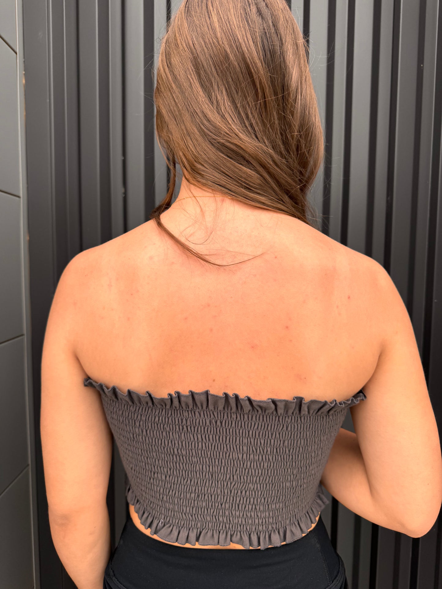 Ash Grey Smocked Tie Front Tube Top