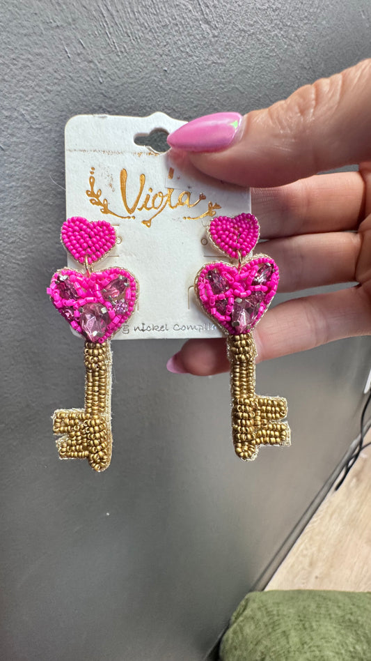 BT Pink and Gold Beaded Love Key Earings