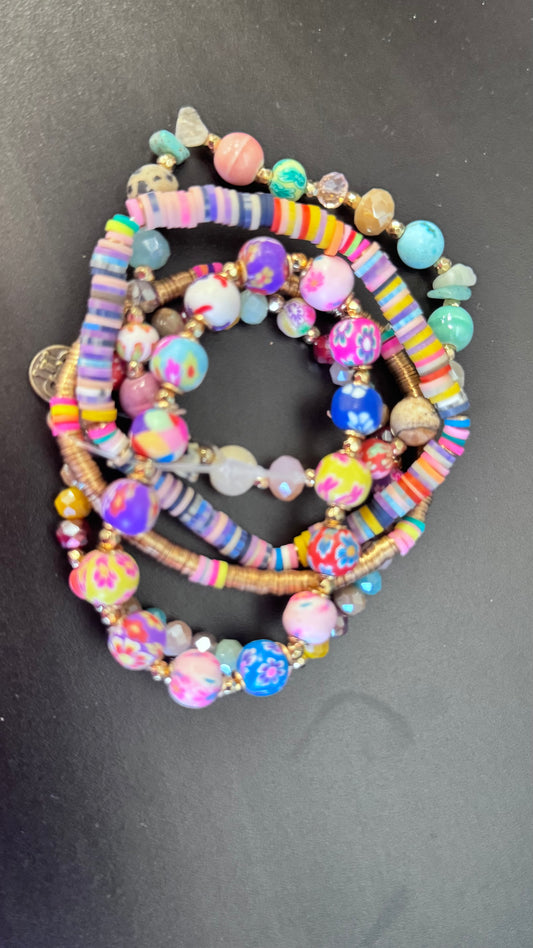 Pastel Floral Stacked Bangle Bracelet.