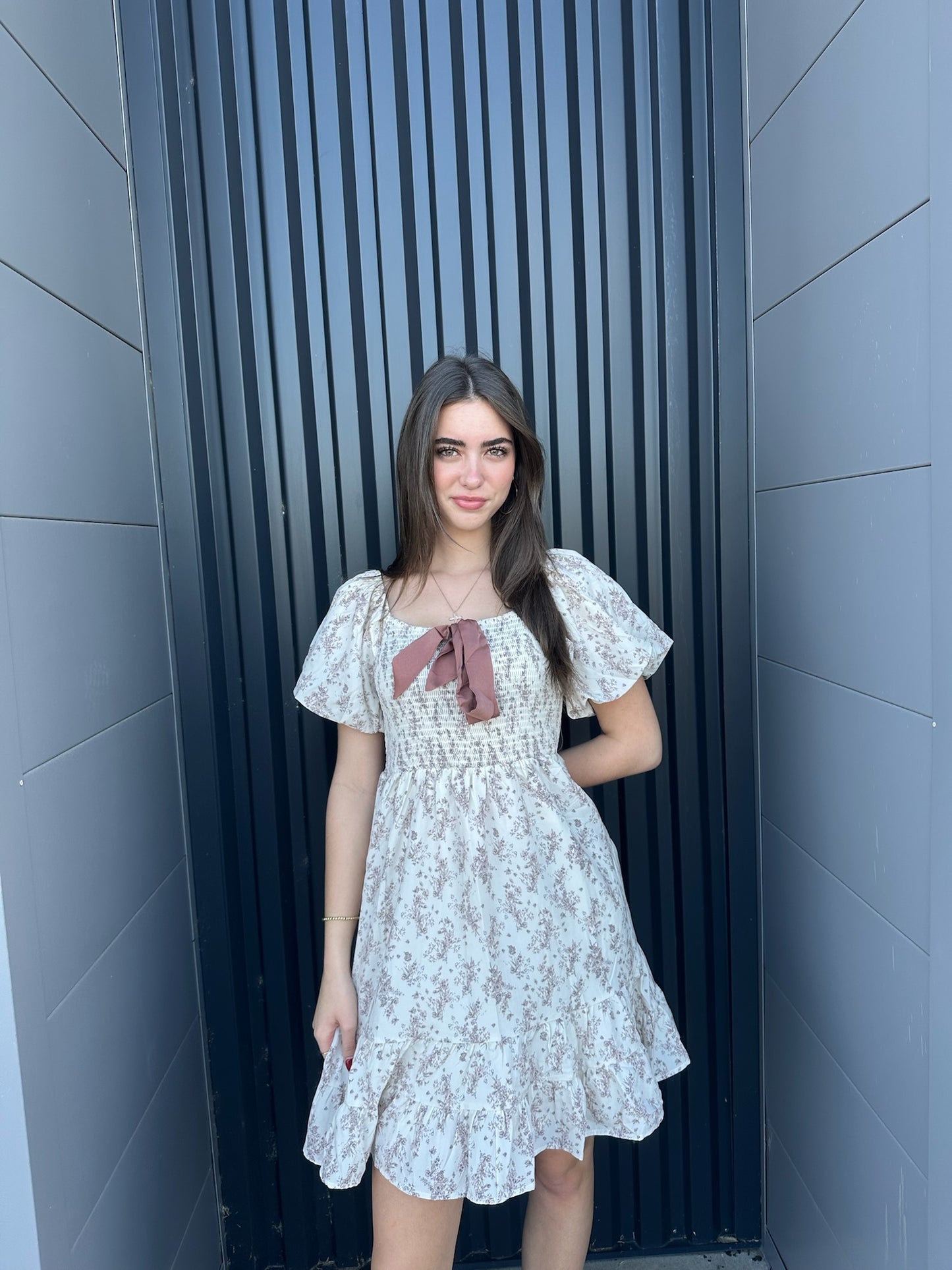 Cream Flroal Smocked Mini Dress with Contrast Bow