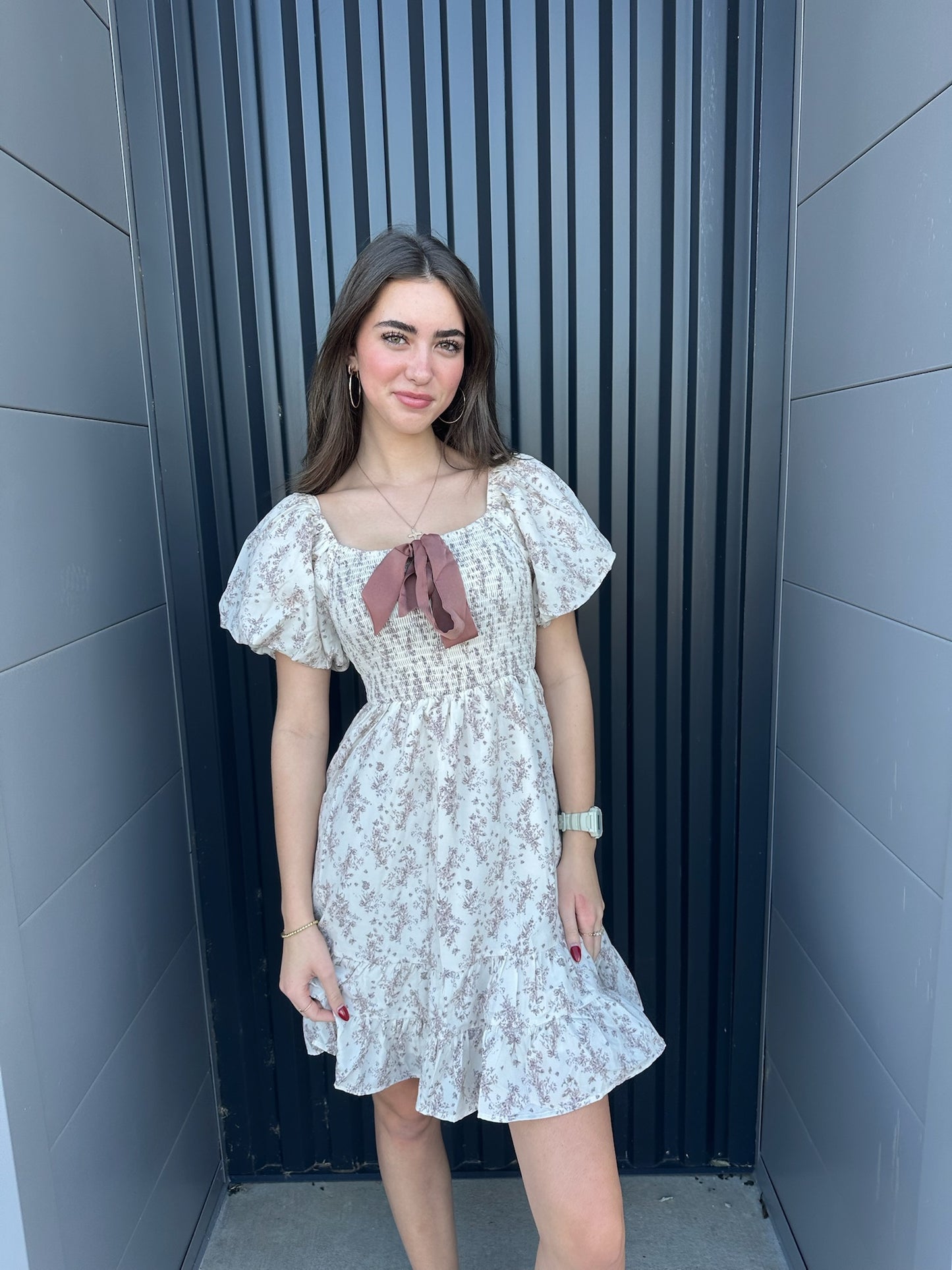 Cream Flroal Smocked Mini Dress with Contrast Bow