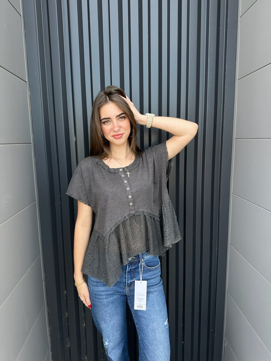 Gray Round Neck Short Sleeve Lace Detail Crop