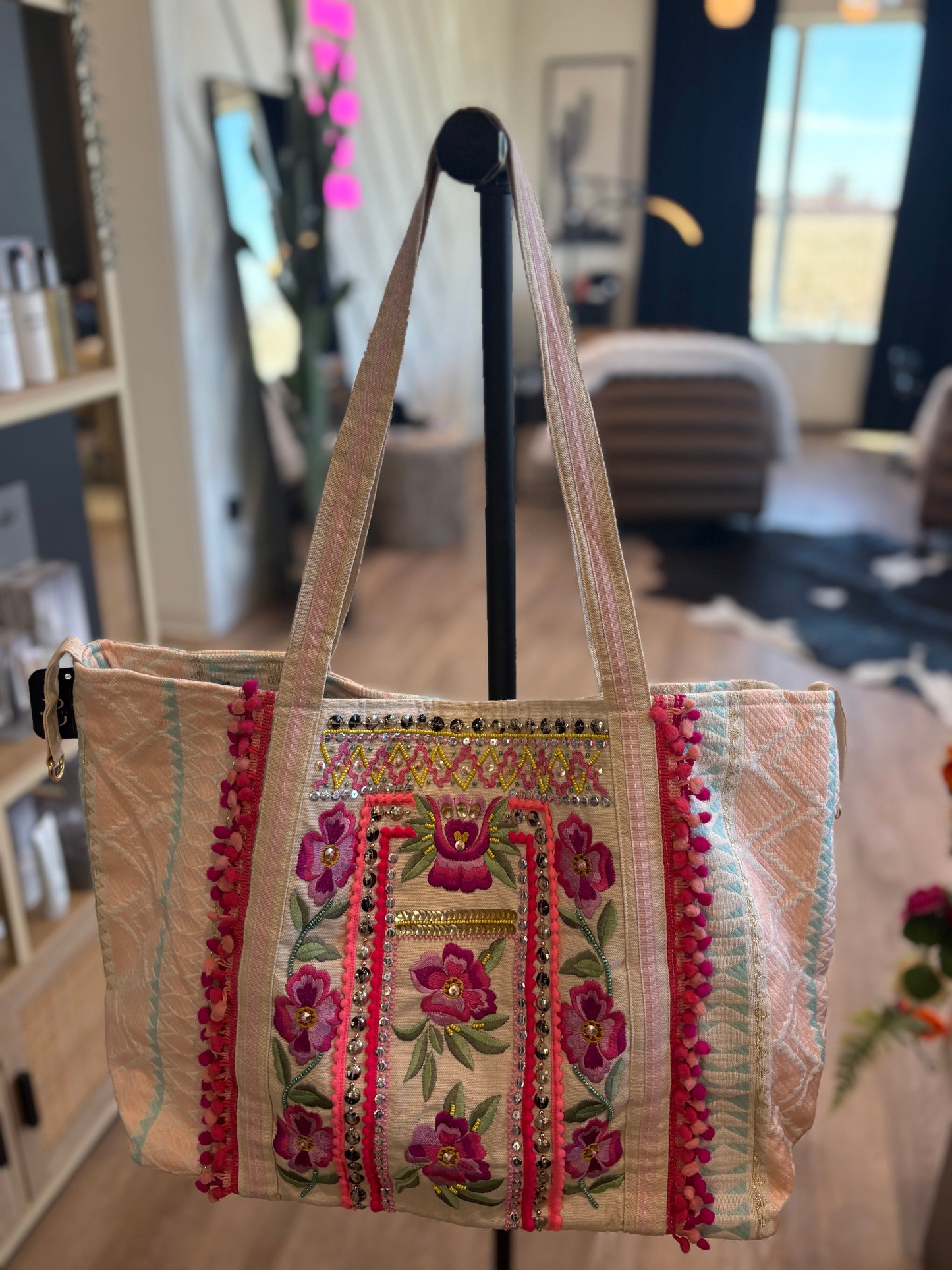Pink Multi embroidered Rose Beaded Tote