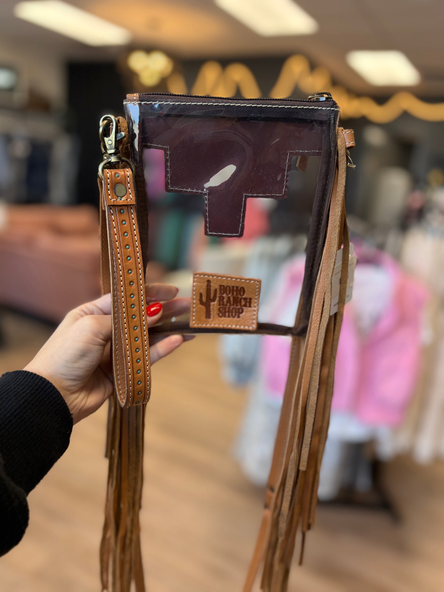 Tan Hand Tooled Clear Fringe Bag