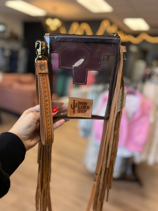 Tan Hand Tooled Clear Fringe Bag