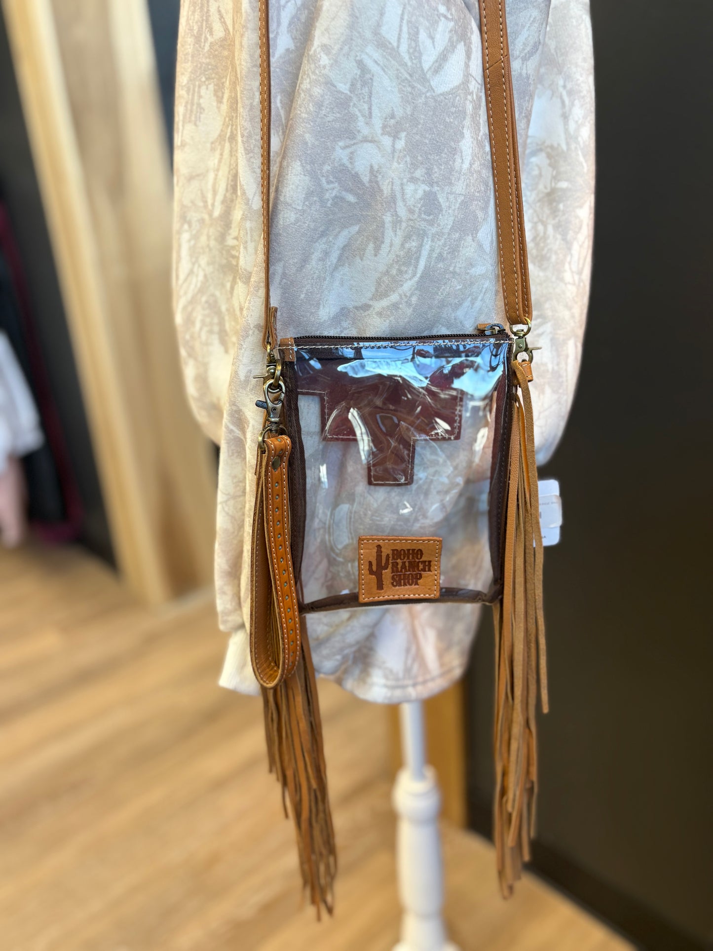 Tan Hand Tooled Clear Fringe Bag