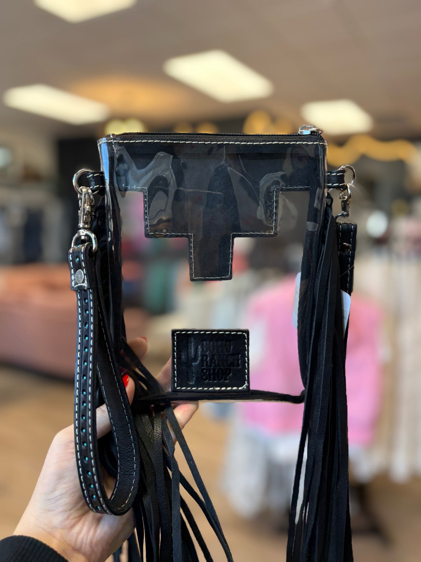 Black Hand Tooled Clear Fringe Bag