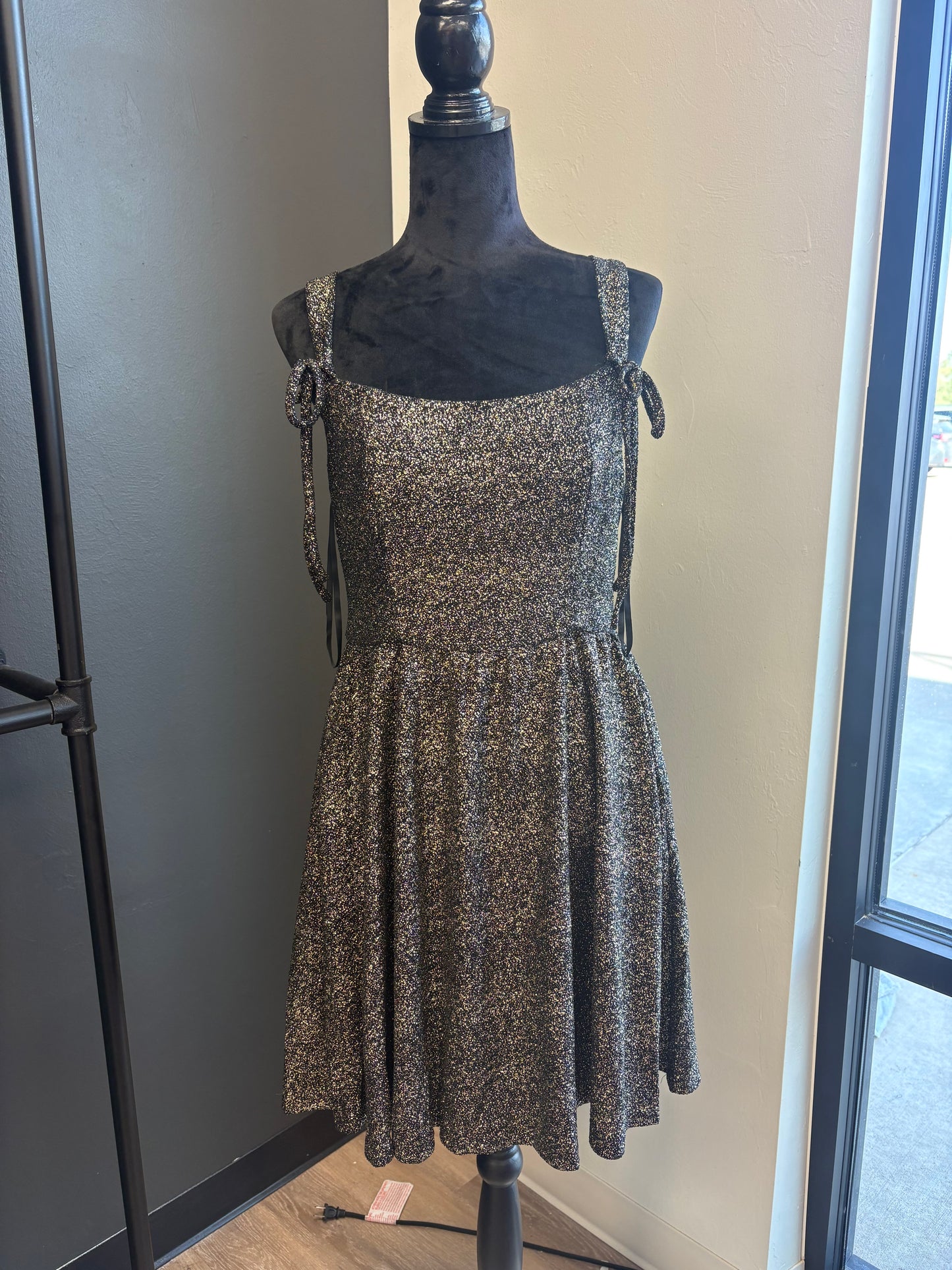 Square Neck Foiled Texture Flare Dress