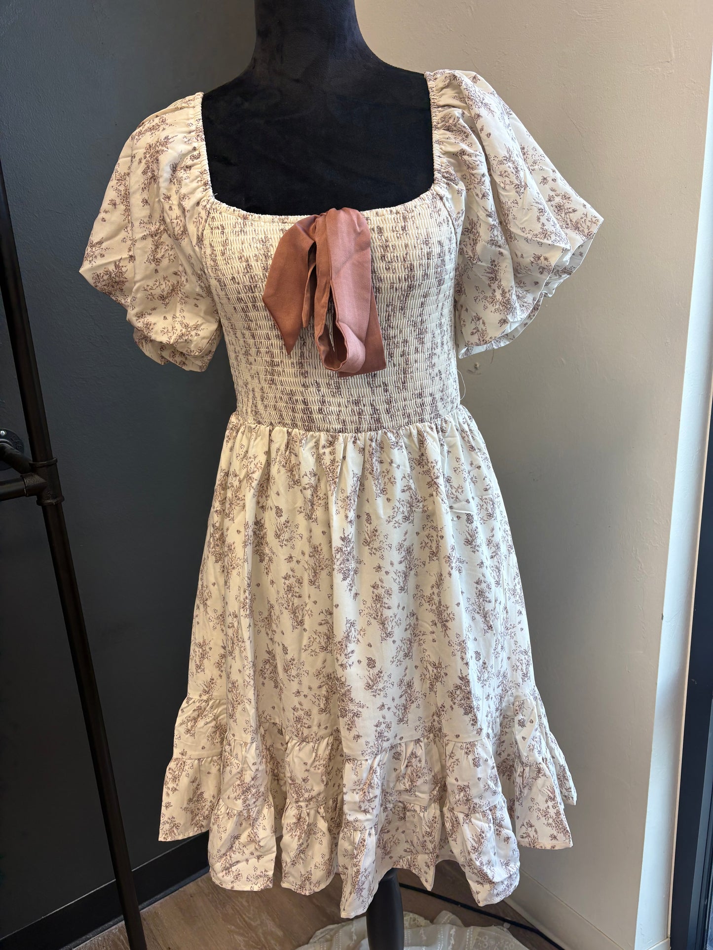 Cream Flroal Smocked Mini Dress with Contrast Bow