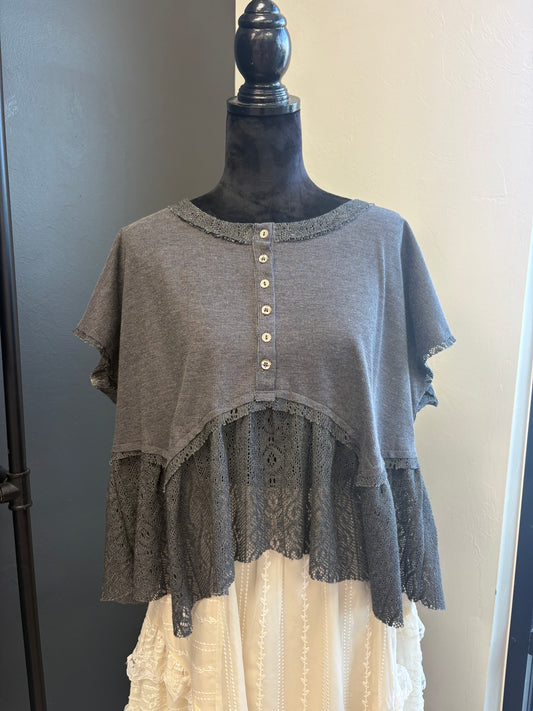 Gray Round Neck Short Sleeve Lace Detail Crop