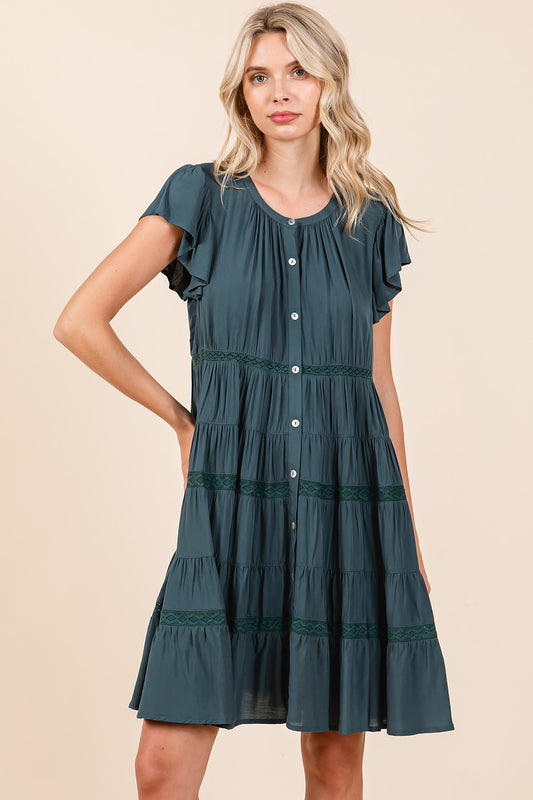 Teal Ruffle Sleeve Tiered Lace Detail Button Dress