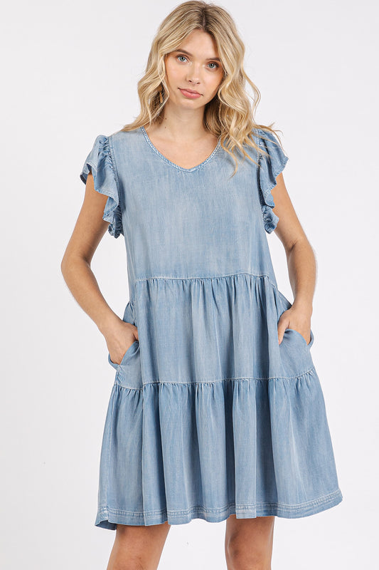 Washed Chambray Ruffle Sleeve Tier Dress