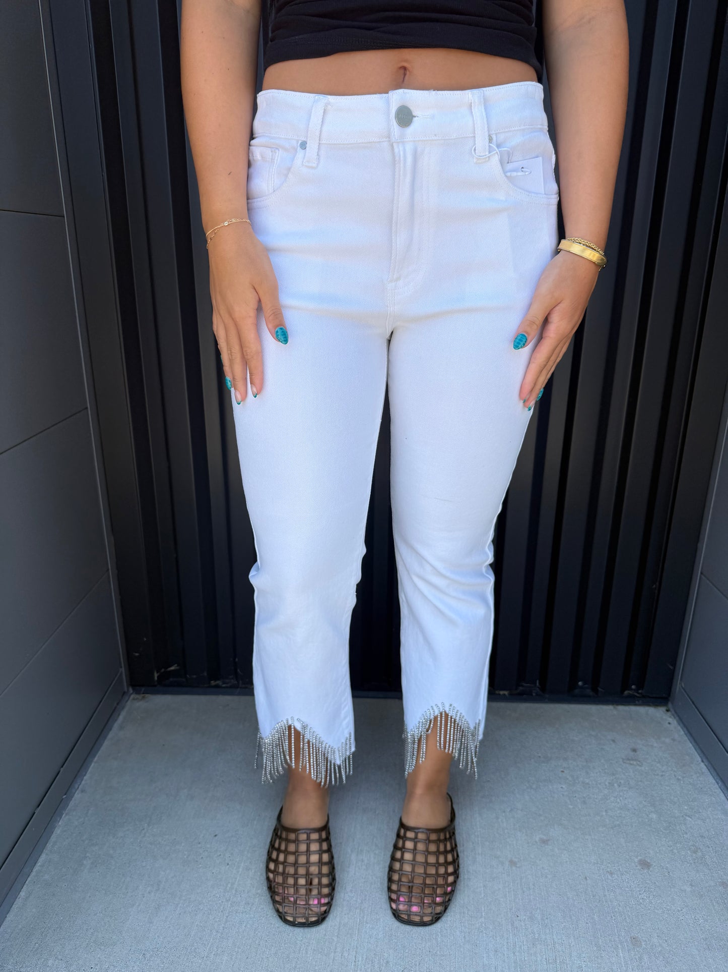 White High Rise Rhinestone Fringe Straight Leg | Risen Jeans