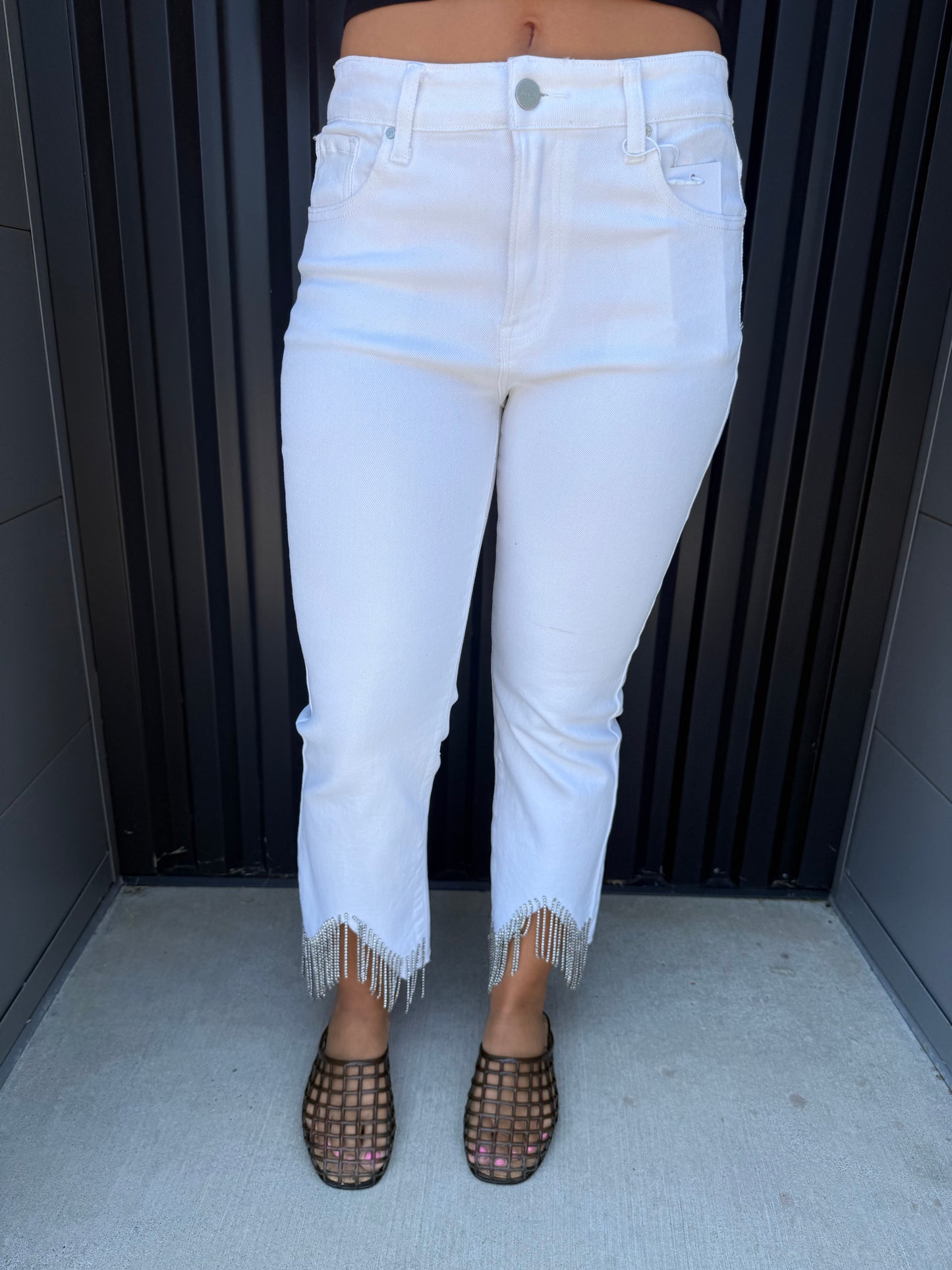 White High Rise Rhinestone Fringe Straight Leg | Risen Jeans