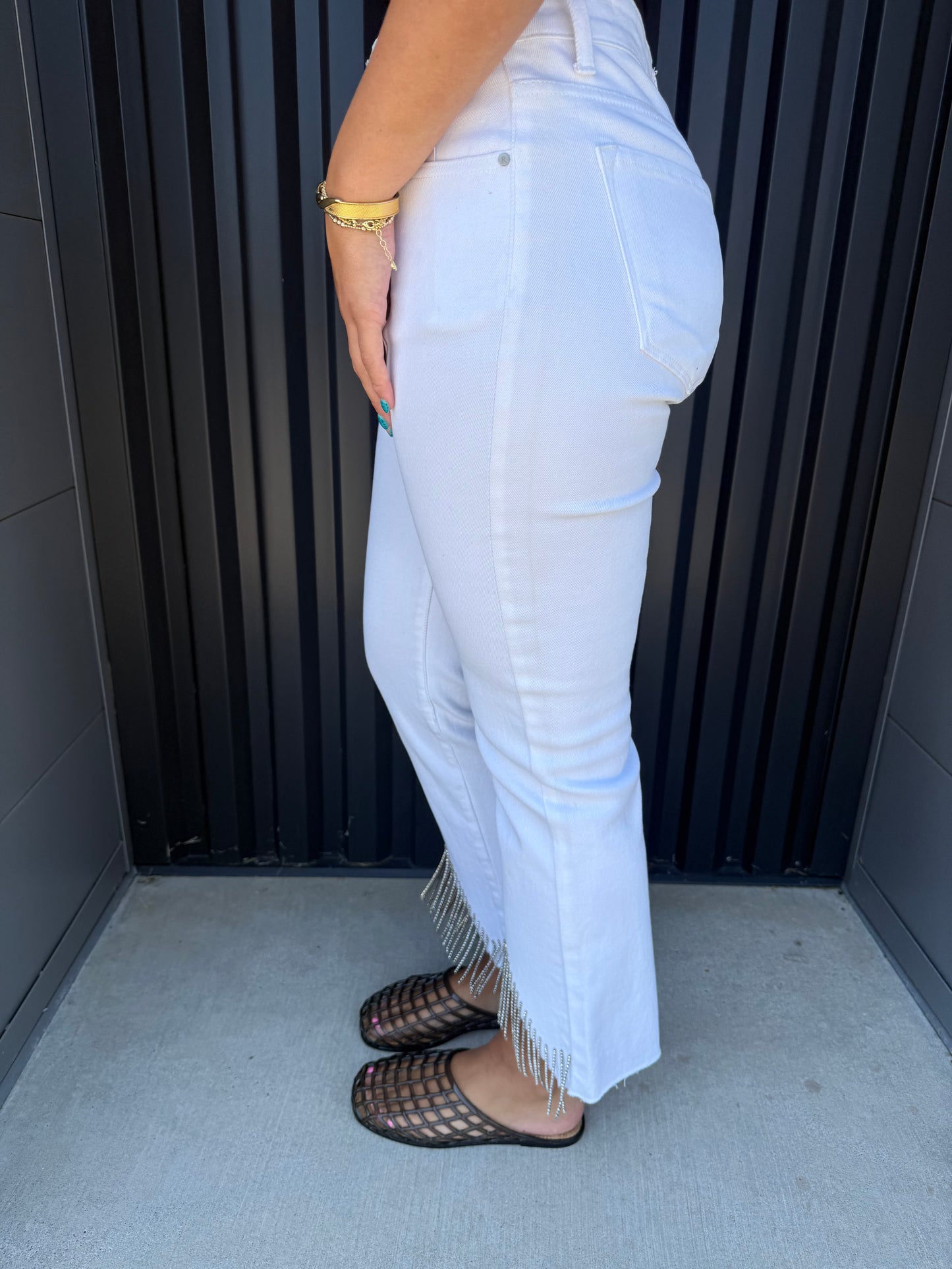 White High Rise Rhinestone Fringe Straight Leg | Risen Jeans
