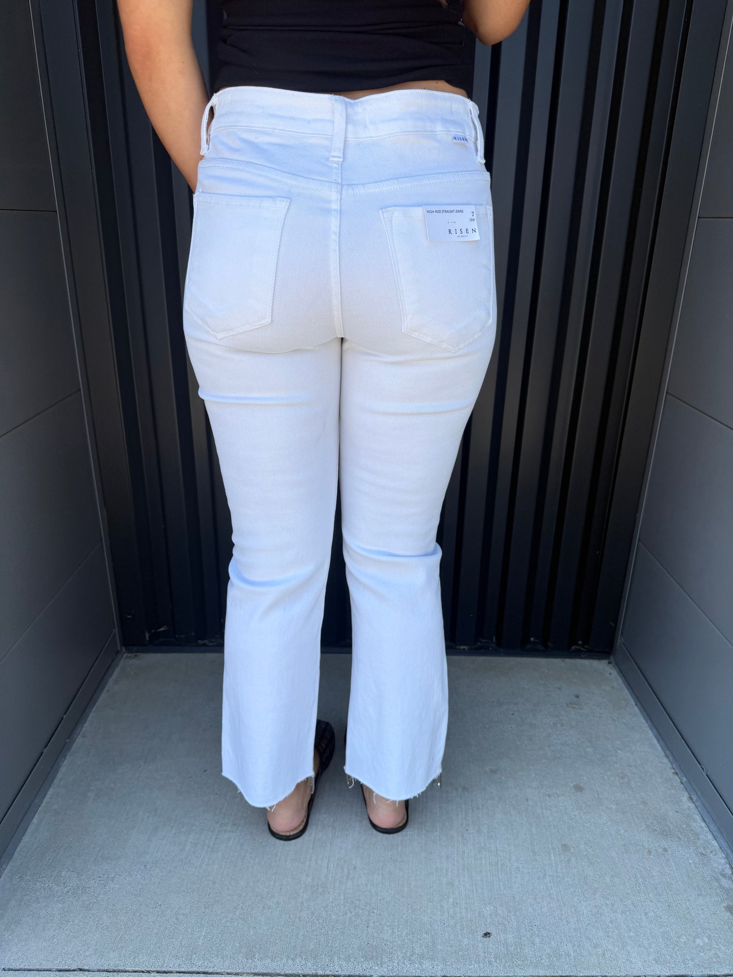 White High Rise Rhinestone Fringe Straight Leg | Risen Jeans