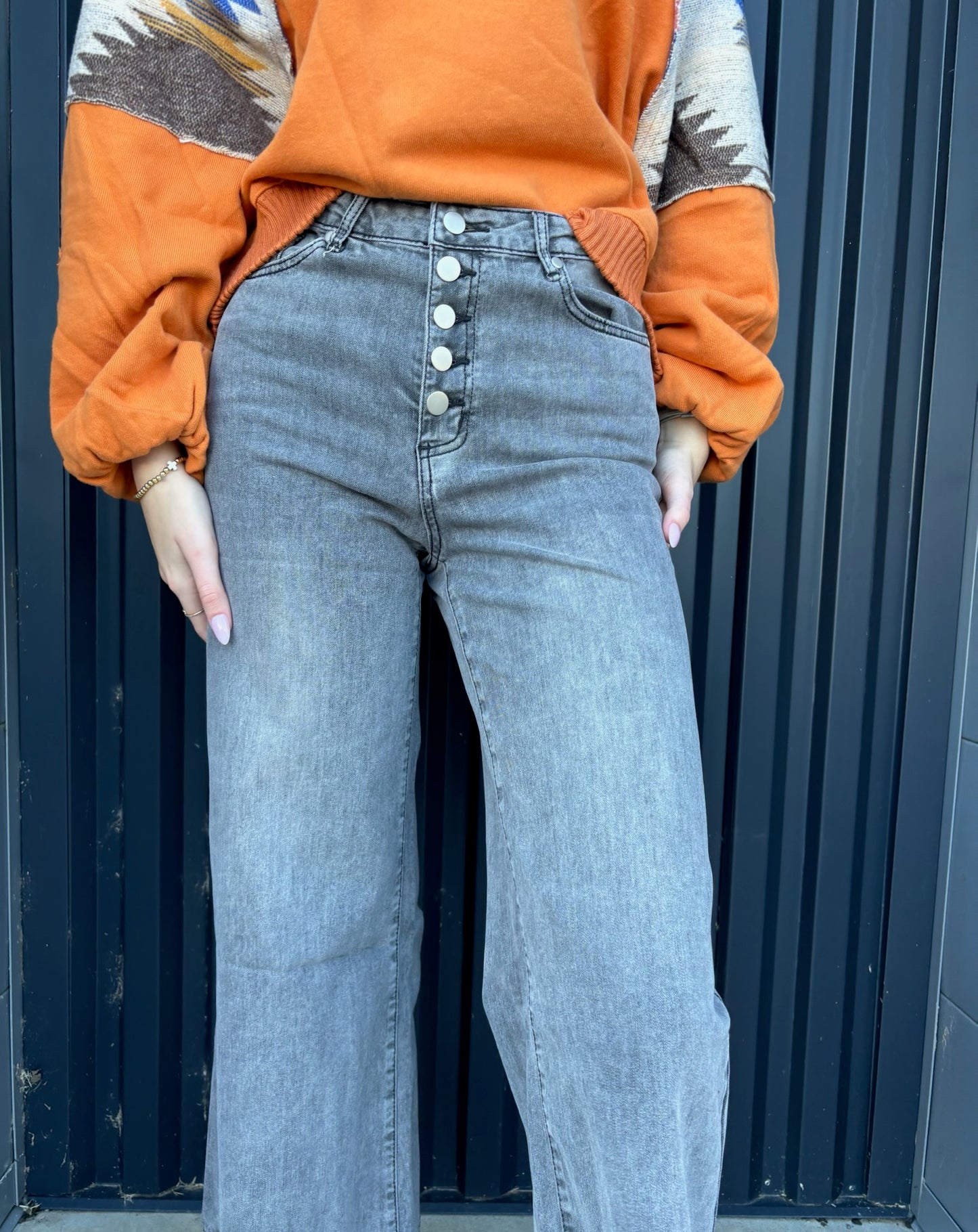 Front Button Stretch Twill Bell Bottom Pants