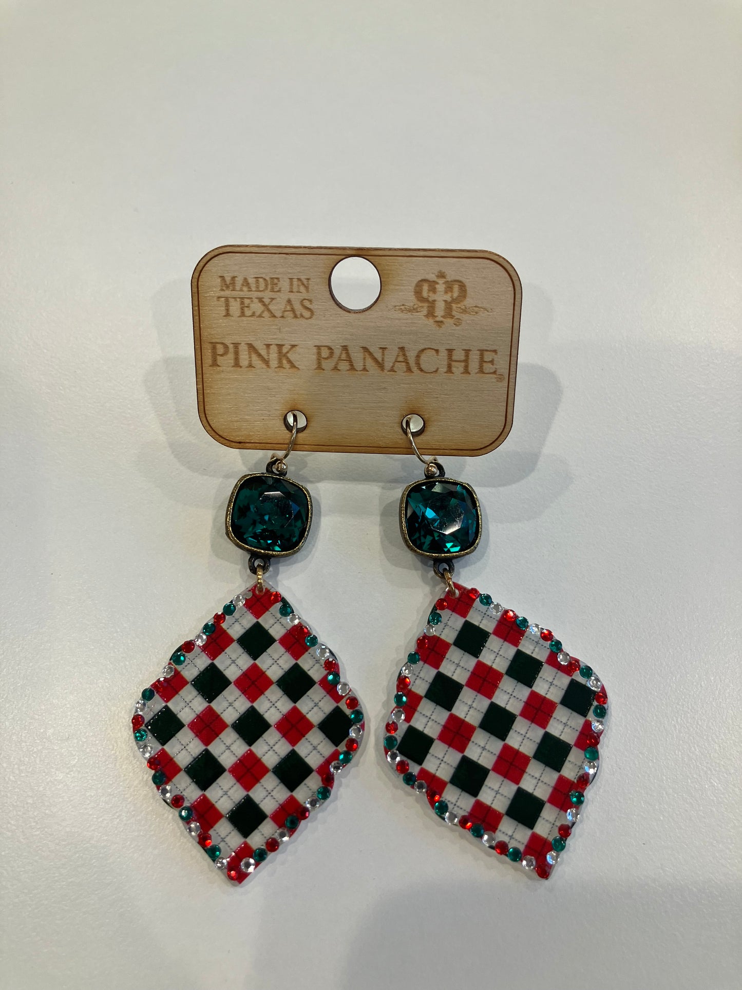 Gemmed Checkered Christmas Earrings