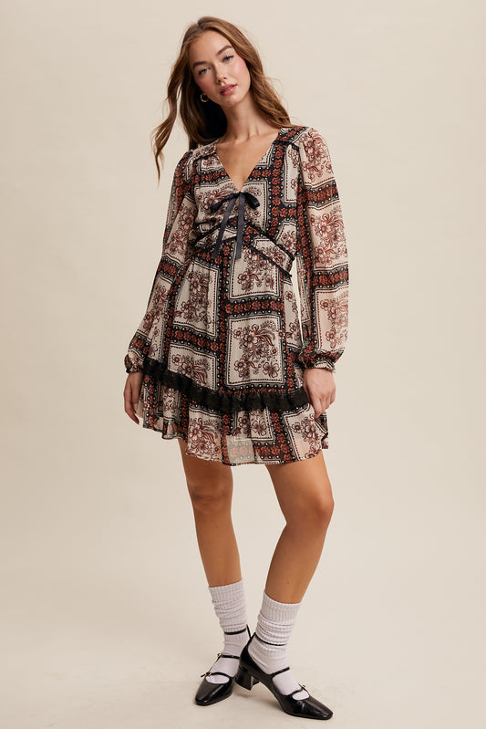 Rust Vintage Floral Bow Neck Mini Dress