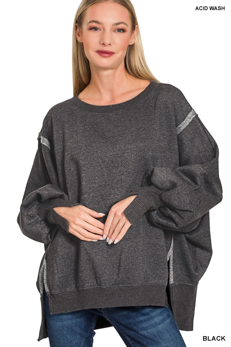 Acid Washed Batwing Sleeve High-Low Fleece Sweatshirt (multiple colors)