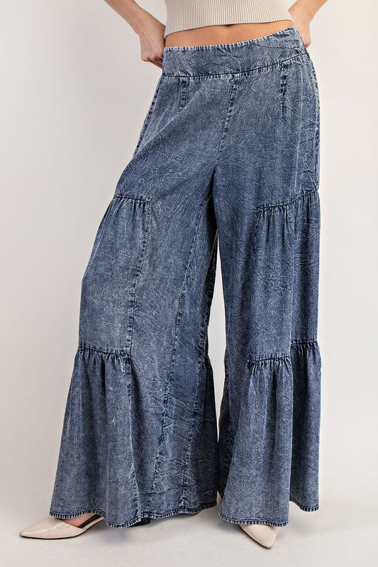Washed Denim Tiered Wide Leg Pant