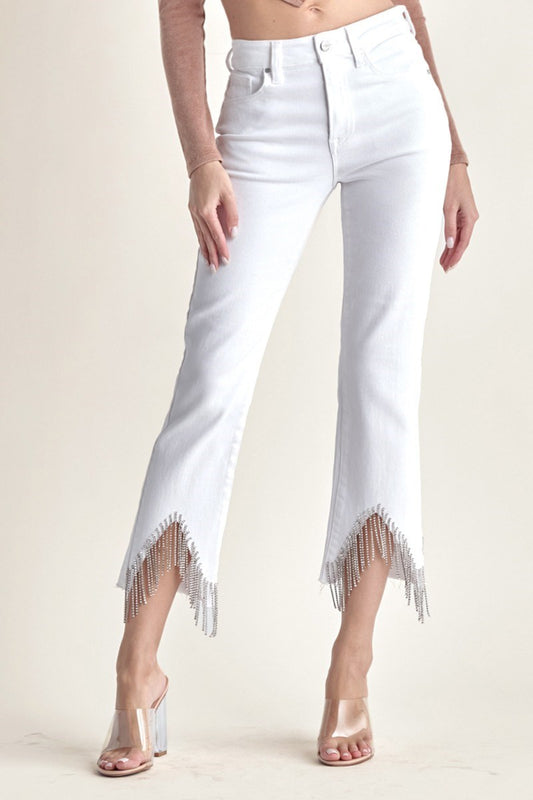White High Rise Rhinestone Fringe Straight Leg | Risen Jeans