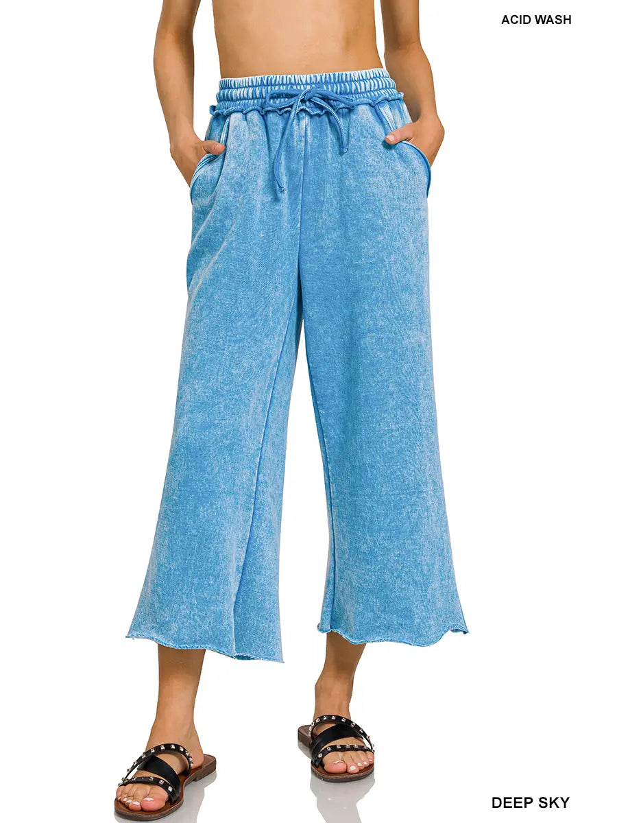 Ocean Blue Acid Washed Fleece Palazzo Pants