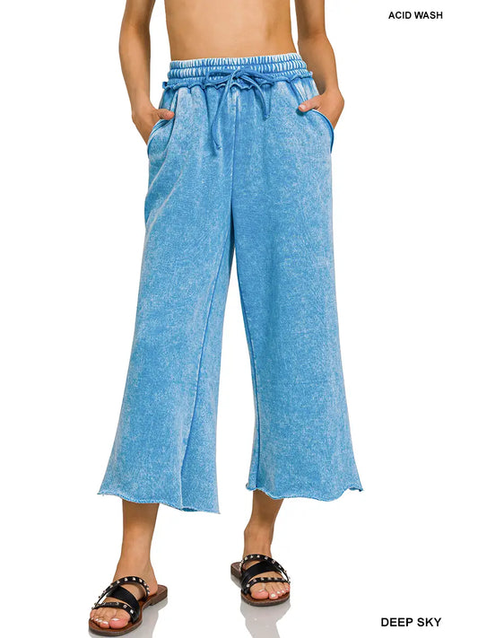 Ocean Blue Acid Washed Fleece Palazzo Pants
