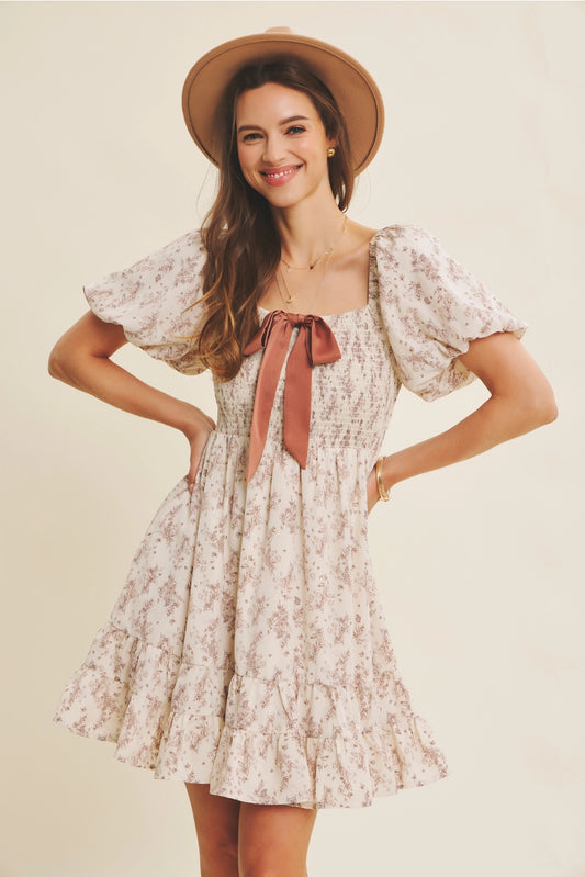 Cream Flroal Smocked Mini Dress with Contrast Bow